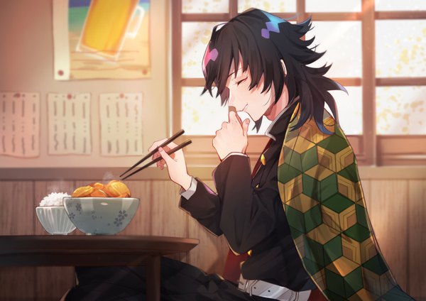Anime picture 1500x1060 with kimetsu no yaiba ufotable tomioka giyuu otoufu (gotouhu) single long hair fringe black hair sitting holding indoors eyes closed traditional clothes japanese clothes profile eating hand to mouth steam clothes on shoulders boy