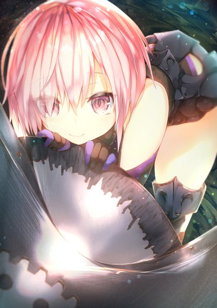 Anime picture 707x1000 with fate (series) fate/grand order mash kyrielight sune (mugendai) single tall image looking at viewer blush fringe short hair smile pink hair pink eyes hair over one eye leaning leaning forward girl thighhighs dress gloves