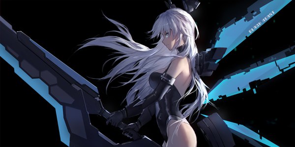 Anime picture 2551x1276 with choujigen game neptune black heart swd3e2 single long hair fringe highres breasts light erotic simple background wide image standing bare shoulders holding looking away white hair profile aqua eyes floating hair black background