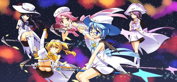 Anime picture 1417x659 with houkago no pleiades subaru (houkago no pleiades) aoi (houkago no pleiades) itsuki (houkago no pleiades) hikaru (houkago no pleiades) nanako (houkago no pleiades) shinozuka atsuto long hair blush short hair open mouth blue eyes light erotic black hair blonde hair smile red eyes wide image purple eyes twintails
