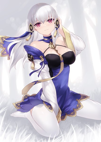 Anime picture 900x1266 with fire emblem fire emblem: three houses nintendo lysithea von ordelia cait single long hair tall image looking at viewer fringe breasts light erotic red eyes large breasts sitting bare shoulders white hair arm up light smile wide sleeves