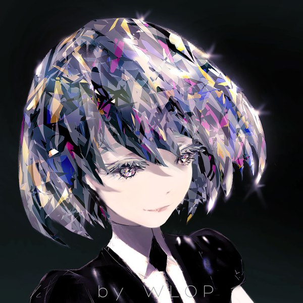 Anime-Bild 1261x1261 mit houseki no kuni diamond (houseki no kuni) wlop single fringe short hair simple background looking away upper body multicolored hair lips puffy sleeves black background portrait silver eyes androgynous necktie