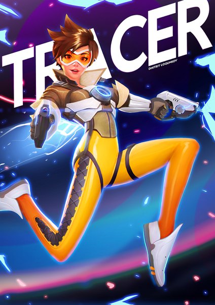 Anime picture 1052x1488 with overwatch blizzard entertainment tracer (overwatch) logunkov single tall image looking at viewer fringe short hair open mouth brown hair holding brown eyes signed bent knee (knees) parted lips lips inscription sparkle character names
