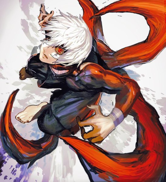 Anime picture 2598x2841 with tokyo ghoul studio pierrot kaneki ken niwakamarupaka single tall image looking at viewer highres short hair white hair nail polish parted lips barefoot fingernails from above lips heterochromia looking up muscle boy