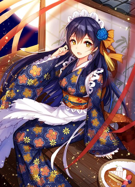 Anime picture 800x1102 with love live! school idol project sunrise (studio) love live! sonoda umi bison cangshu single long hair tall image sitting brown eyes blue hair traditional clothes japanese clothes wa maid girl uniform headdress sweets kimono maid headdress