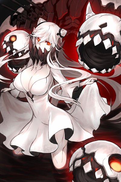 Anime picture 1000x1500 with kantai collection midway hime ganesagi single tall image looking at viewer fringe breasts light erotic red eyes large breasts standing cleavage white hair very long hair fingernails wide sleeves long fingernails white skin shinkaisei-kan