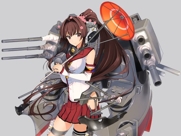 Anime picture 2555x1926 with kantai collection yamato super battleship naruse hirofumi single long hair looking at viewer blush fringe highres breasts light erotic simple background brown hair large breasts holding brown eyes ponytail pleated skirt hair flower light smile