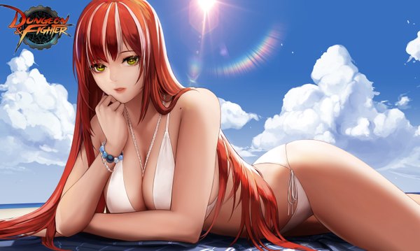 Anime picture 5906x3543 with dungeon and fighter knight (dungeon and fighter) paladin (dungeon and fighter) monaim single long hair looking at viewer fringe highres breasts open mouth light erotic wide image bare shoulders green eyes payot absurdres sky cleavage cloud (clouds)