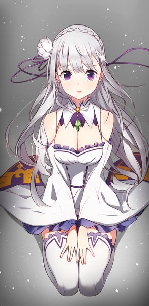 Anime picture 1656x3392 with re:zero kara hajimeru isekai seikatsu white fox emilia (re:zero) weee (raemz) single long hair tall image looking at viewer breasts open mouth purple eyes cleavage silver hair hair flower girl thighhighs dress flower (flowers) detached sleeves white thighhighs