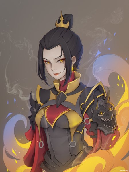 Anime picture 2473x3300 with avatar: the last airbender nickelodeon azula liya nikorov single tall image looking at viewer highres short hair black hair simple background smile yellow eyes payot upper body grey background smoke folded ponytail girl hair ornament