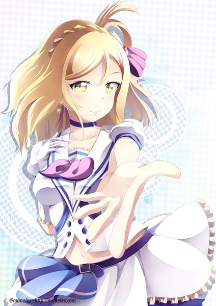 Anime picture 640x905 with love live! sunshine!! sunrise (studio) love live! ohara mari mimelex single long hair tall image looking at viewer blush fringe breasts blonde hair smile hair between eyes signed yellow eyes bare belly hand on chest outstretched hand