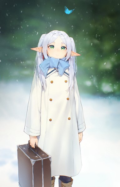 Anime picture 2462x3840 with sousou no frieren frieren alaskastomatoez single long hair tall image highres standing twintails holding green eyes silver hair outdoors pointy ears blurry snowing looking up elf double buttons girl