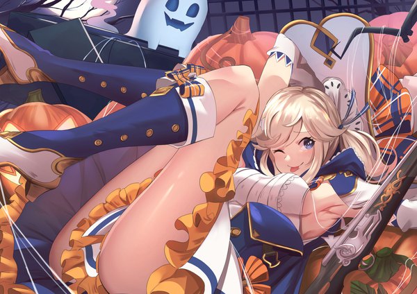 Anime picture 3508x2480 with granblue fantasy cucouroux (granblue fantasy) daweykun single looking at viewer highres short hair blue eyes light erotic blonde hair absurdres one eye closed wink armpit (armpits) official alternate costume halloween ghost girl weapon hat