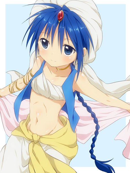 Anime picture 800x1066 with magi the labyrinth of magic a-1 pictures aladdin (magi) maruki (punchiki) single tall image blush fringe blue eyes light erotic simple background smile hair between eyes blue hair looking away braid (braids) traditional clothes bare belly single braid spiked hair