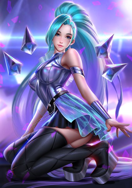 Anime picture 2828x4000 with league of legends k/da (league of legends) seraphine (league of legends) liang xing single tall image looking at viewer highres breasts blue eyes light erotic smile full body ponytail very long hair lips realistic aqua hair sleeveless kneeling