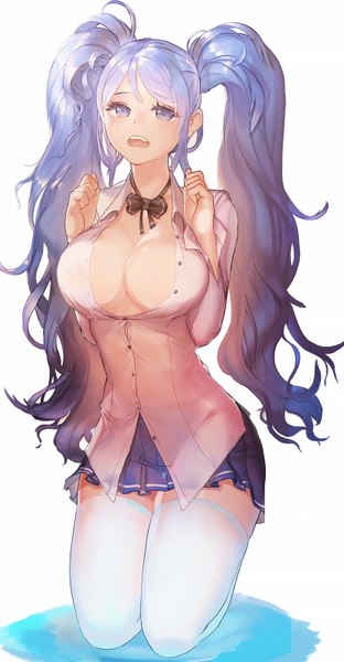 Anime picture 833x1600 with original instant-ip single long hair tall image looking at viewer fringe breasts open mouth blue eyes light erotic large breasts twintails blue hair pleated skirt wavy hair girl skirt uniform school uniform