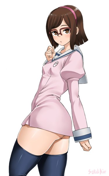Anime picture 1406x2254 with mobile suit gundam gundam build fighters sunrise (studio) kousaka china solid air single tall image looking at viewer blush highres short hair light erotic simple background brown hair white background brown eyes signed ass looking back girl