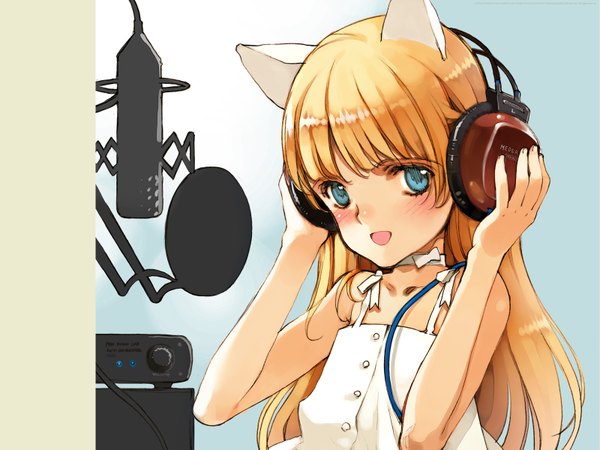 Anime picture 1600x1200 with shirotsume souwa littlewitch ema (shirotsume souwa) oyari ashito single long hair looking at viewer blush highres open mouth blue eyes blonde hair animal ears upper body :d cat ears cat girl wallpaper hand on headphones girl
