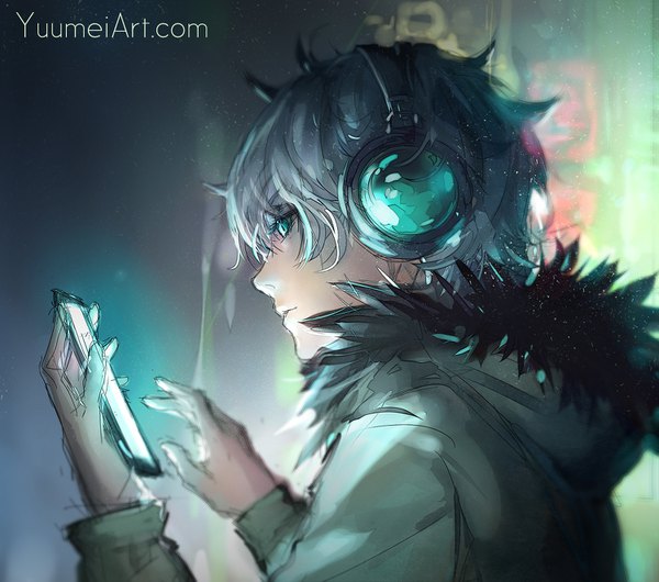 Anime picture 1500x1326 with fisheye placebo frey (fisheye placebo) yuumei single short hair signed looking away upper body profile aqua eyes grey hair fur trim boy headphones fur hood mobile phone hoodie smartphone