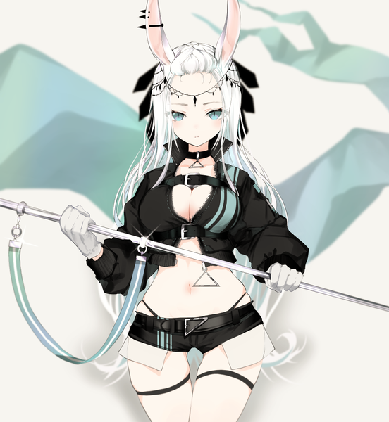 Anime picture 1107x1204 with original narue single long hair tall image looking at viewer blush fringe breasts light erotic simple background standing white background holding animal ears cleavage white hair aqua eyes open jacket sparkle