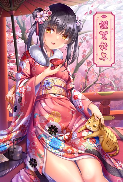 Anime picture 1152x1704 with original umitonakai single tall image looking at viewer fringe short hair breasts open mouth black hair smile hair between eyes twintails holding brown eyes long sleeves traditional clothes :d japanese clothes hair flower