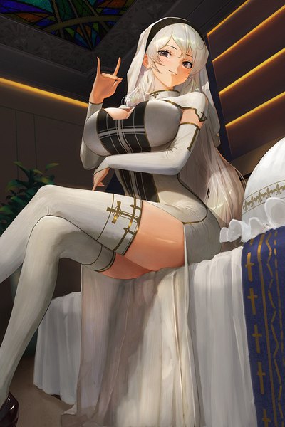 Anime picture 1000x1500 with original cool4noodle single long hair tall image looking at viewer fringe breasts light erotic smile hair between eyes large breasts sitting payot white hair indoors black eyes from below crossed legs nun