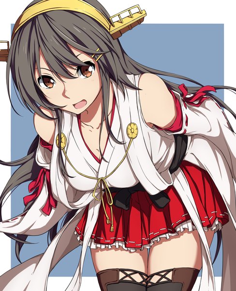 Anime picture 1441x1772 with kantai collection haruna battleship sblack single long hair tall image looking at viewer open mouth black hair brown eyes traditional clothes japanese clothes nontraditional miko girl thighhighs hair ornament black thighhighs detached sleeves