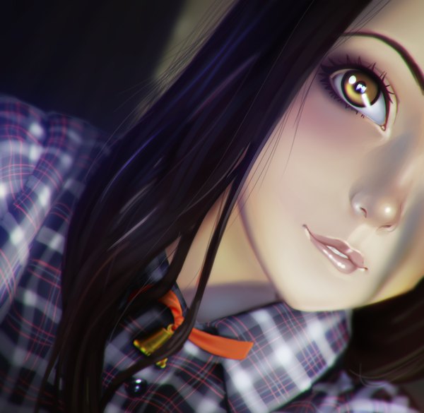 Anime picture 2364x2308 with nikita varb single long hair highres black hair yellow eyes from above lips realistic portrait close-up face eyeshadow girl shirt