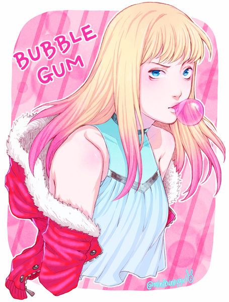 Anime picture 1484x1958 with original mintbunnygirl single long hair tall image looking at viewer blush fringe blue eyes blonde hair bare shoulders signed pink hair upper body parted lips multicolored hair off shoulder inscription two-tone hair fur trim