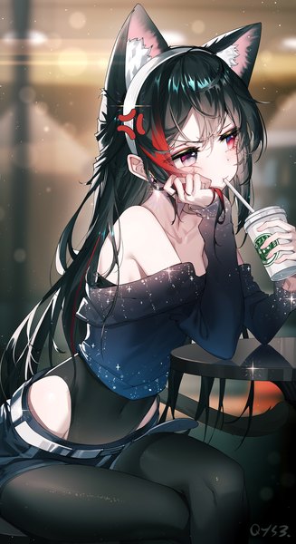 Anime picture 1070x1962 with original qys3 single long hair tall image blush fringe black hair hair between eyes red eyes sitting bare shoulders holding signed animal ears looking away long sleeves multicolored hair cat ears off shoulder