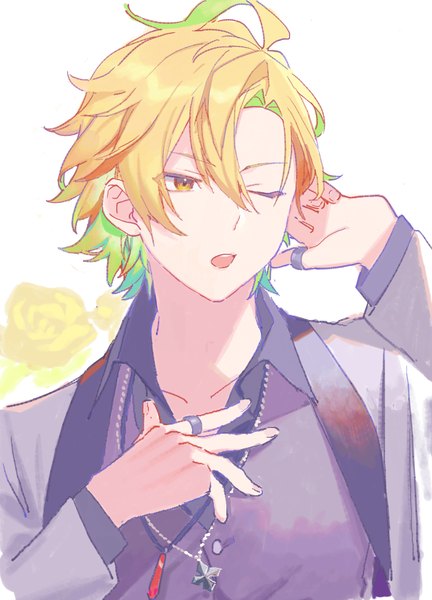 Anime picture 792x1099 with hypnosis mic izanami hifumi heiwa (murasiho) single tall image fringe short hair open mouth simple background blonde hair hair between eyes white background brown eyes looking away one eye closed multicolored hair two-tone hair boy pendant ring