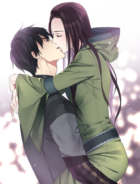 Anime picture 800x1050 with original nayuta/iho long hair tall image fringe short hair black hair simple background hair between eyes standing white background eyes closed profile wide sleeves couple hug gradient background kiss carrying girl