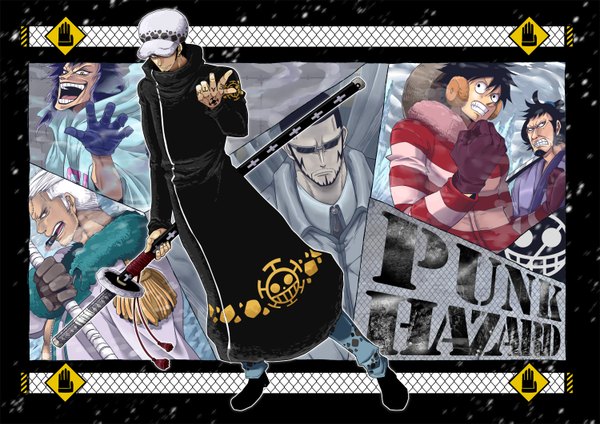 Anime picture 1500x1061 with one piece toei animation monkey d. luffy trafalgar law smoker (one piece) caesar clown vergo kinemon looking at viewer short hair open mouth black hair smile brown eyes white hair profile black eyes inscription grey eyes tattoo