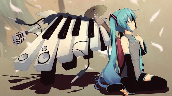 Anime picture 1920x1080 with vocaloid hatsune miku yuzuki kei single long hair blush highres wide image twintails bare shoulders profile aqua eyes aqua hair girl thighhighs black thighhighs detached sleeves necktie thigh boots feather (feathers)
