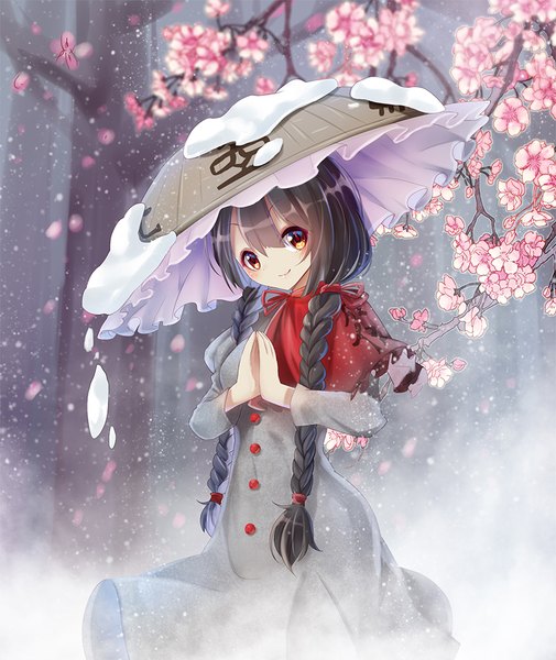 Anime picture 841x1000 with touhou yatadera narumi z.o.b single long hair tall image fringe black hair smile hair between eyes red eyes standing outdoors braid (braids) twin braids cherry blossoms snow hands clasped praying girl