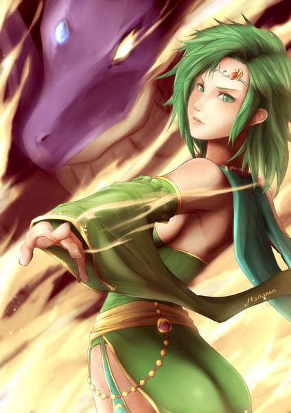 Anime picture 744x1052 with final fantasy final fantasy iv square enix rydia hananon single tall image looking at viewer short hair standing green eyes green hair arched back fantasy girl detached sleeves dragon clothes