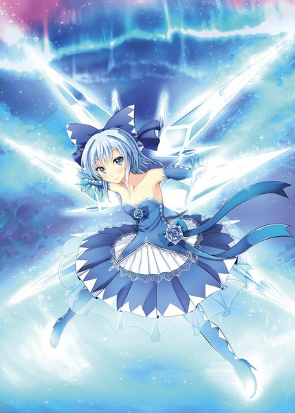 Anime picture 800x1119 with touhou cirno gin'ichi (akacia) single tall image looking at viewer blush short hair blue eyes blue hair girl dress gloves bow hair bow wings elbow gloves boots ice