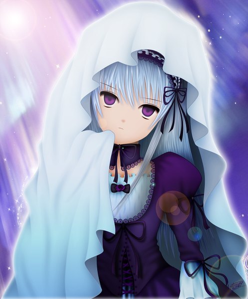 Anime picture 1000x1206 with rozen maiden suigintou antonio single long hair tall image looking at viewer fringe purple eyes signed silver hair lolita fashion purple background goth-loli girl detached collar cape lolita hairband dummy