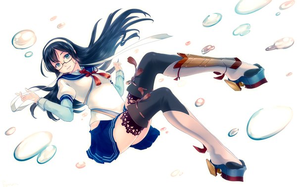 Anime picture 1920x1212 with kantai collection ooyodo light cruiser tamagosho single long hair looking at viewer fringe highres breasts blue eyes smile blue hair pleated skirt girl thighhighs skirt ribbon (ribbons) black thighhighs miniskirt glasses