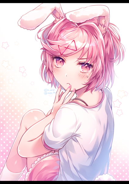 Anime picture 635x900 with doki doki literature club natsuki (doki doki literature club) aicedrop single tall image looking at viewer blush fringe short hair simple background sitting signed animal ears pink hair bent knee (knees) tail nail polish animal tail pink eyes from behind