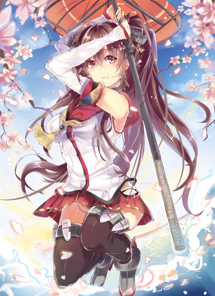 Anime-Bild 1600x2200 mit kantai collection yamato super battleship takitou single long hair tall image looking at viewer blush brown hair brown eyes ponytail traditional clothes japanese clothes hair flower cherry blossoms girl thighhighs skirt hair ornament flower (flowers)