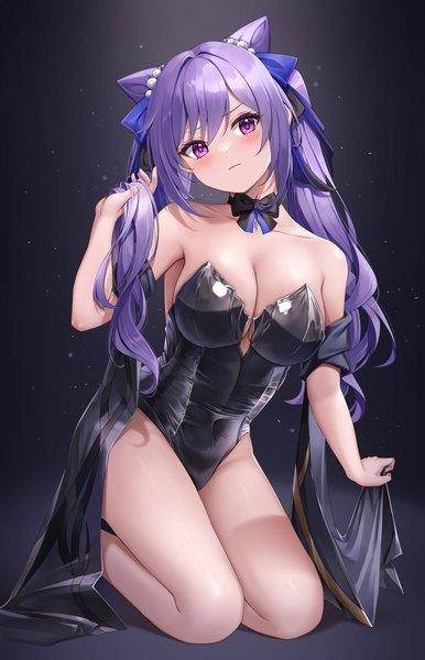 Anime picture 911x1415 with genshin impact keqing (genshin impact) lunacle single long hair tall image looking at viewer blush fringe breasts light erotic simple background hair between eyes large breasts purple eyes twintails cleavage purple hair head tilt arm up