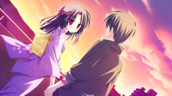 Anime picture 1280x720 with diamic days lump of sugar shinoyama tokiha sesena yau long hair short hair black hair red eyes wide image game cg japanese clothes evening sunset girl boy kimono