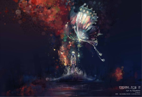 Anime picture 1662x1144 with original h2so4kancel short hair blonde hair from behind back magic lake boy plant (plants) water insect butterfly grass child (children)