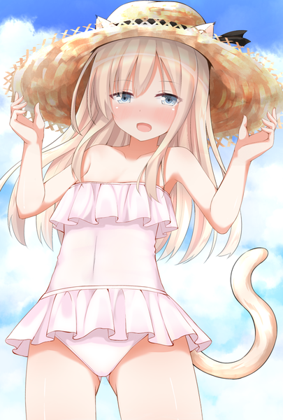 Anime picture 1378x2039 with kantai collection u-511 submarine go-1 single long hair tall image looking at viewer blush open mouth light erotic standing bare shoulders animal ears sky cloud (clouds) tail animal tail cat ears arms up from below