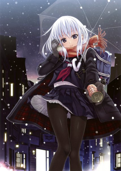 Anime picture 2494x3500 with original 40010prototype single long hair tall image looking at viewer fringe highres hair between eyes holding payot white hair black eyes scan official art snowing ass visible through thighs exhalation outstretched hand transparent umbrella