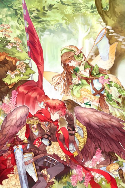 Anime picture 1024x1536 with original starrelly long hair tall image short hair smile brown hair brown eyes red hair eyes closed very long hair profile pointy ears couple looking down elf reclining sleeping angel wings frilly skirt