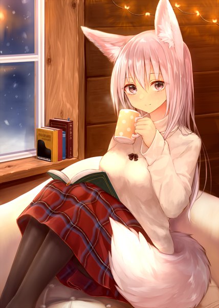 Anime picture 1500x2100 with original suke single long hair tall image looking at viewer blush fringe breasts smile hair between eyes sitting holding animal ears pink hair indoors tail long sleeves animal tail pink eyes