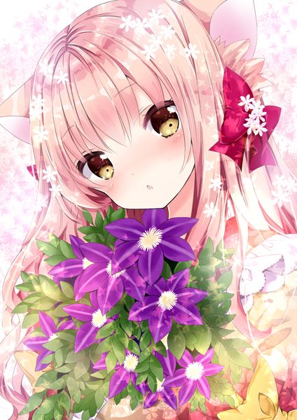 Anime picture 800x1131 with original nanase kureha nanase nao single long hair tall image blush fringe blonde hair hair between eyes brown eyes animal ears looking away upper body head tilt cat ears portrait girl flower (flowers) bow