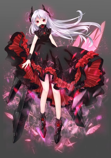 Anime picture 2800x4000 with original karinto yamada single long hair tall image looking at viewer blush fringe highres simple background hair between eyes red eyes silver hair full body hair over one eye grey background floating hair glowing covered mouth girl